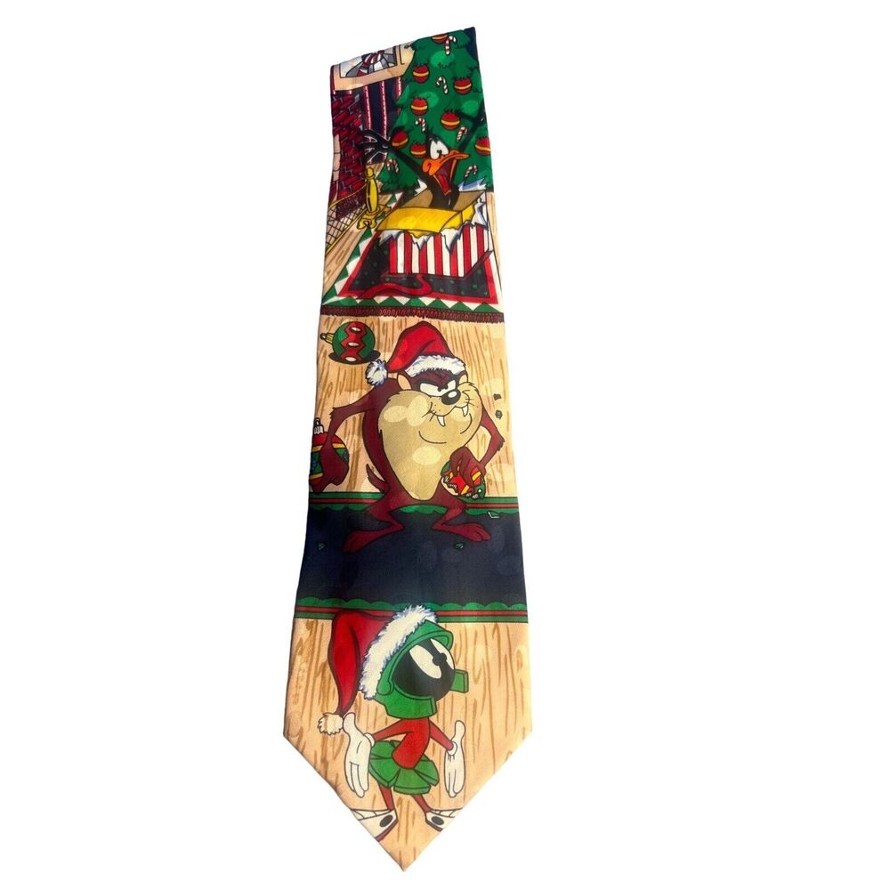 Mens Looney Tunes Mania Vintage 100% Silk Christmas Tie Taz Daffy Duck Party